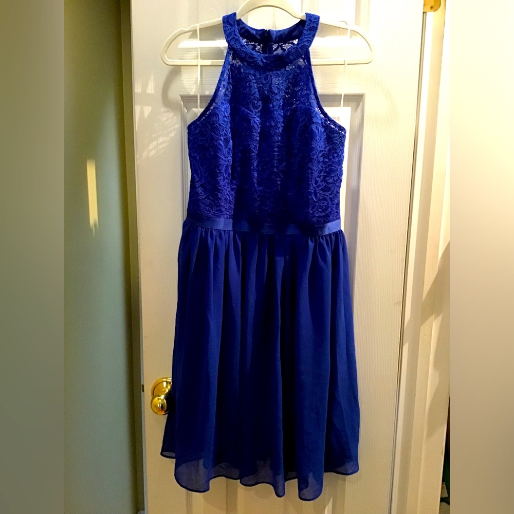 Royal blue knee length dress with zipper.